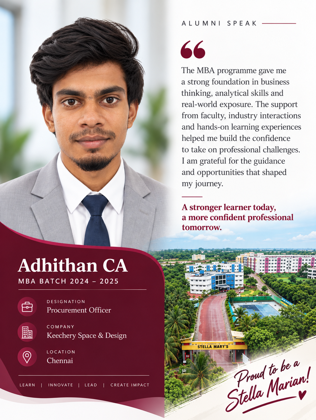 Student testimonial by Adhithan CA, MBA, Stella Mary's College of Engineering