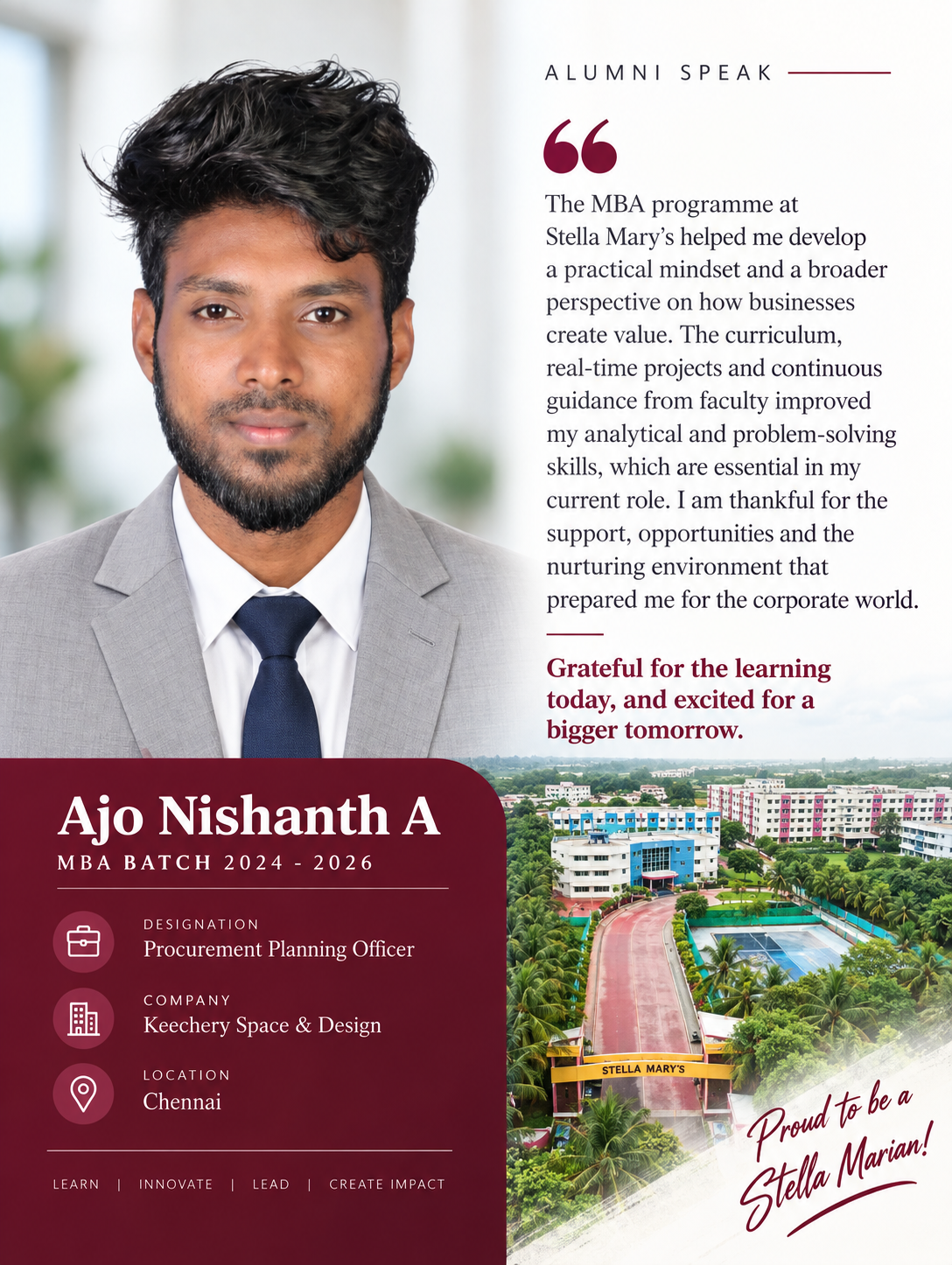 Student testimonial by Ajo Nishanth A, MBA, Stella Mary's College of Engineering