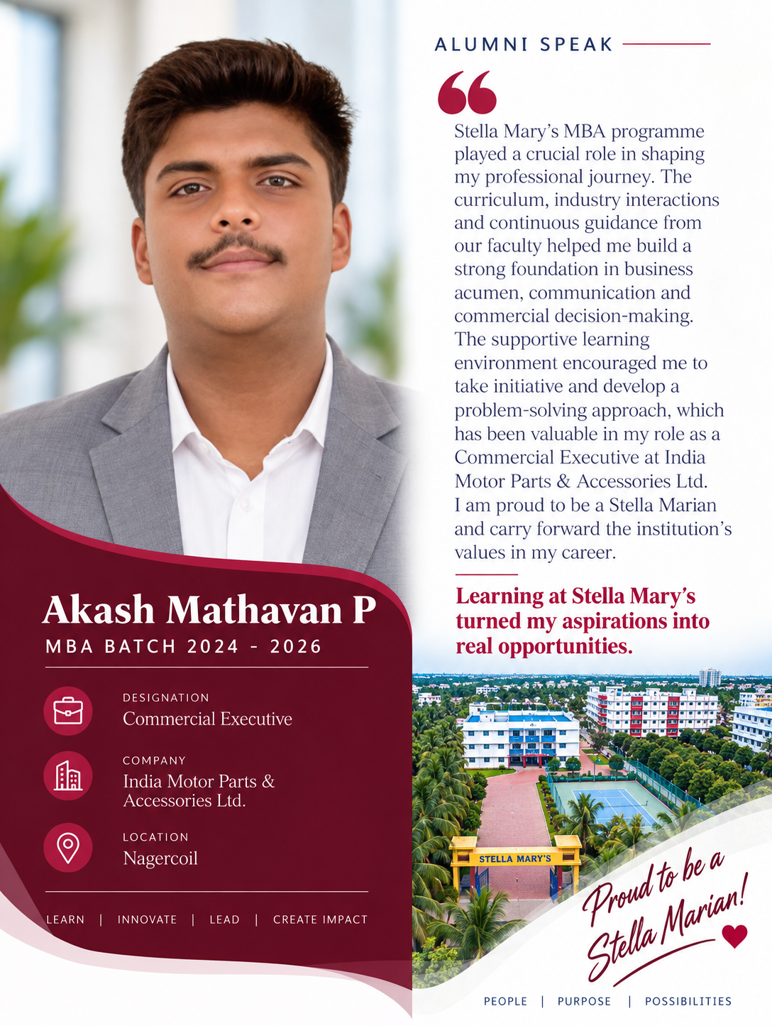 Student testimonial by Akash Mathavan, MBA, Stella Mary's College of Engineering