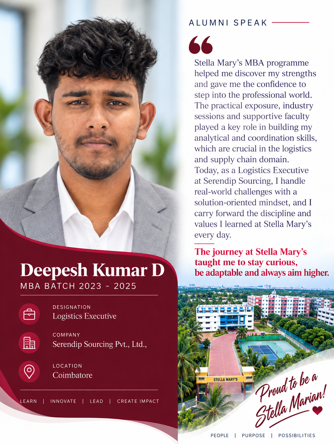 Student testimonial by Deepesh Kumar, MBA, Stella Mary's College of Engineering