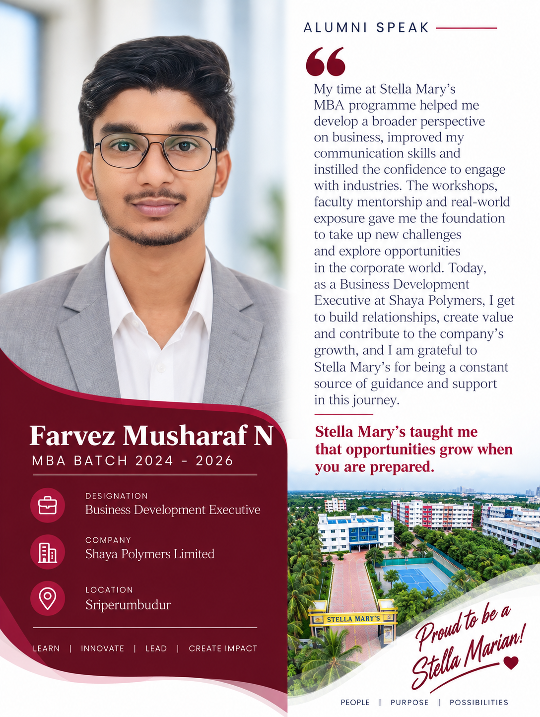 Student testimonial by Farvez Musharaf, MBA, Stella Mary's College of Engineering