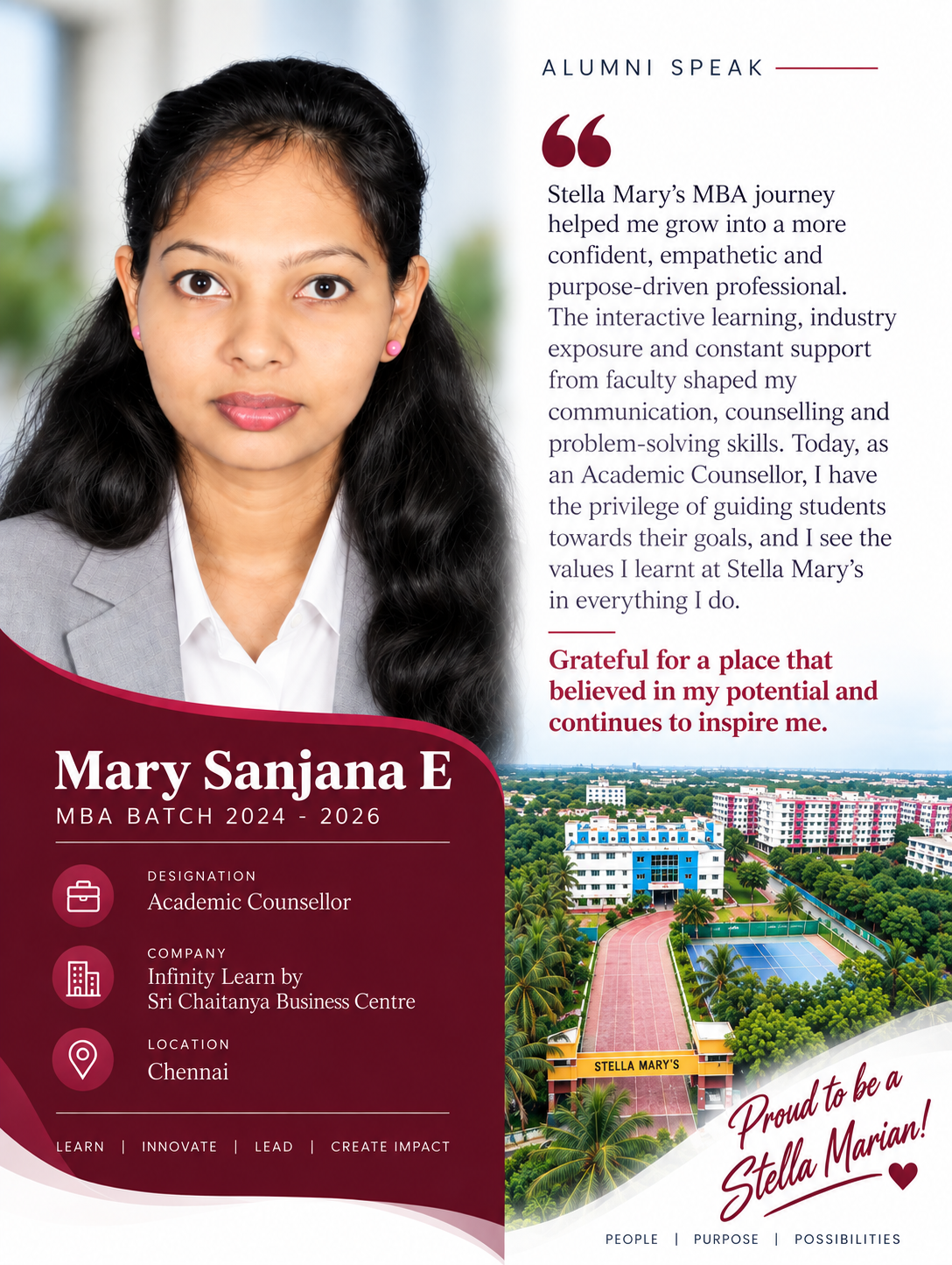 Student testimonial by Mary Sanjana E, MBA, Stella Mary's College of Engineering