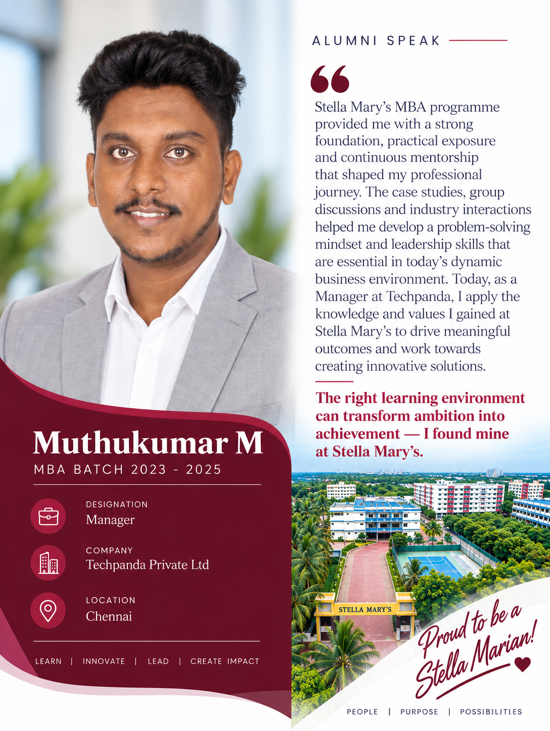 Student testimonial by Muthukumar M, MBA, Stella Mary's College of Engineering