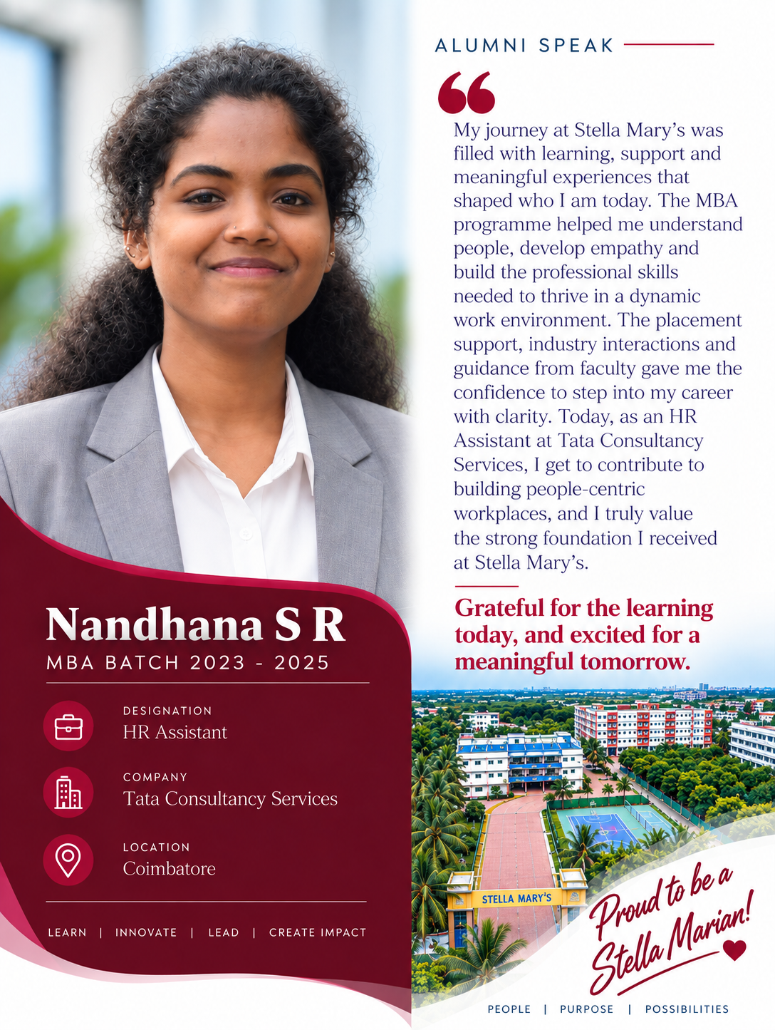 Student testimonial by Nandhana, MBA, Stella Mary's College of Engineering