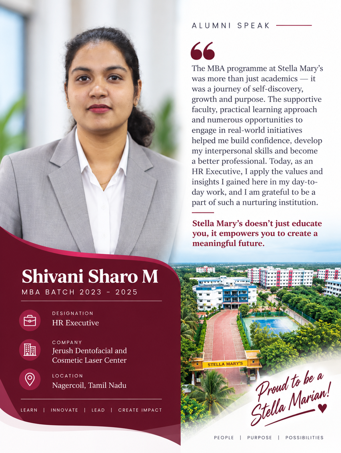 Student testimonial by Shivani Sharo M, MBA, Stella Mary's College of Engineering