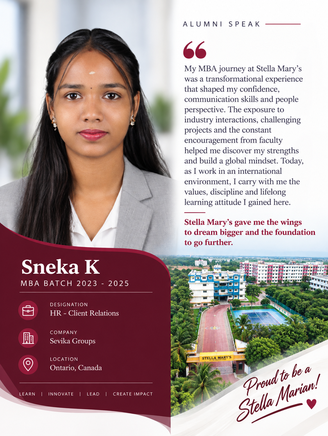 Student testimonial by Sneka K, MBA, Stella Mary's College of Engineering