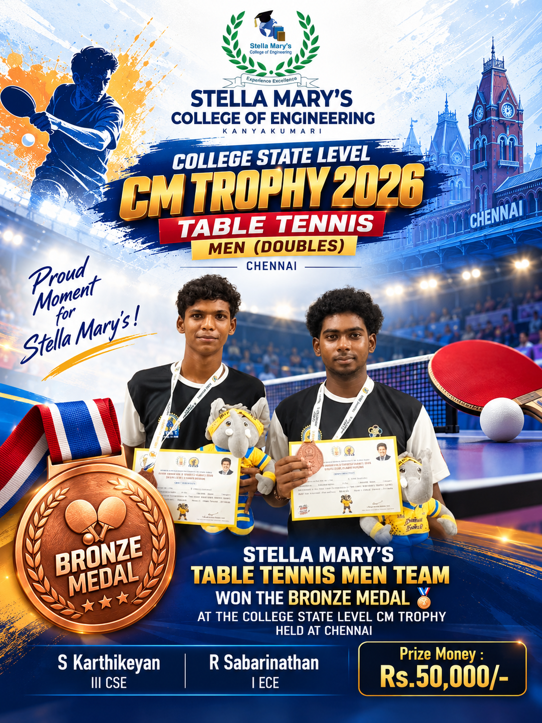 Table Tennis Men’s Doubles Team Clinches Bronze at State-Level CM Trophy 2026!
